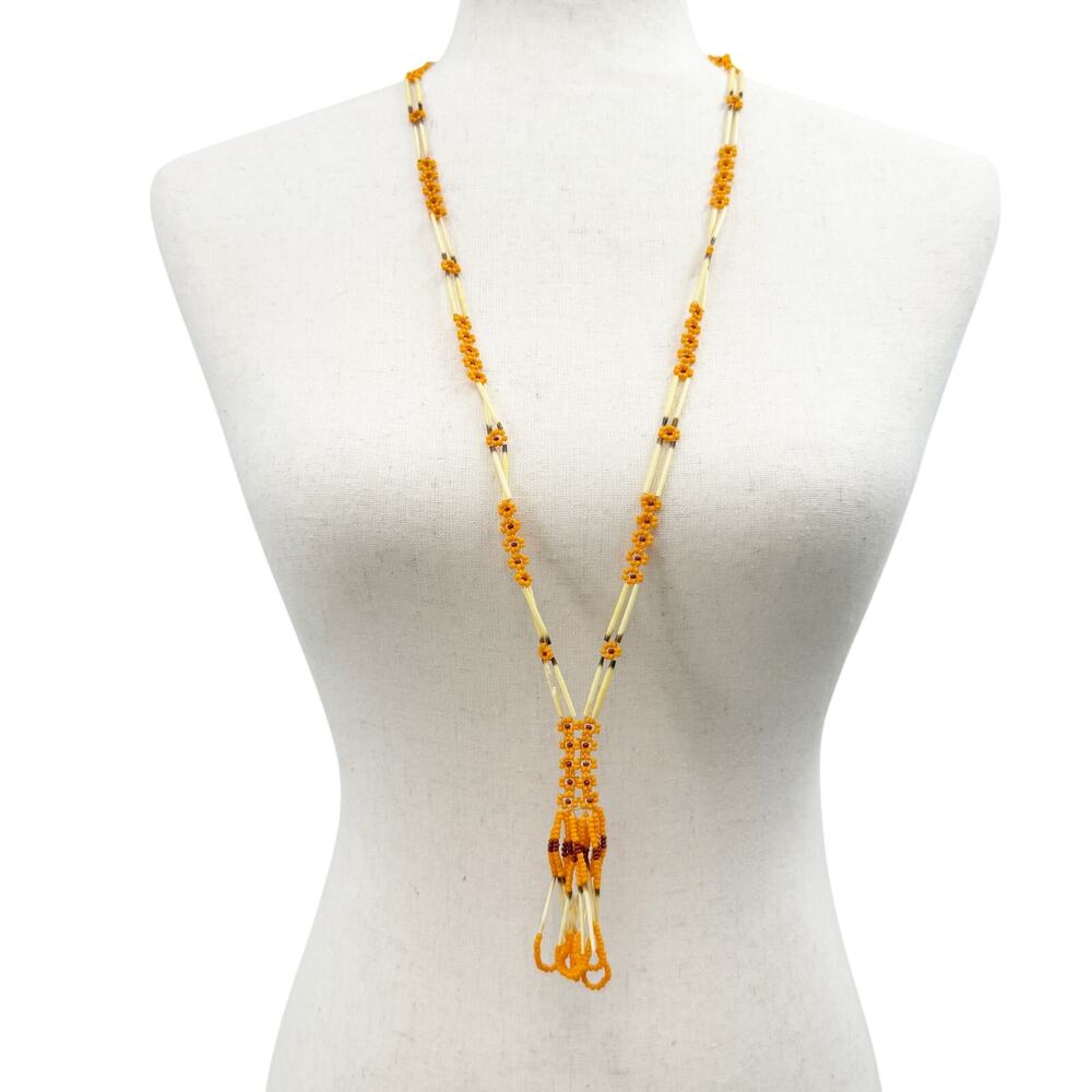 vintage orange & burgundy seed bead flowers Tassel Necklace porcupine quills